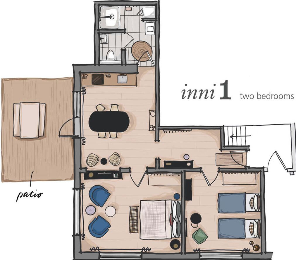 Grundriss einer Zwei-Zimmer-Wohnung mit Terrasse, Küchenzeile und Wohnbereich.