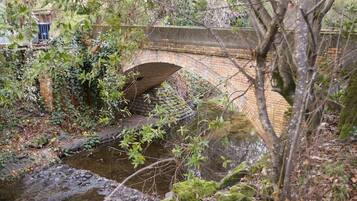 Un puente de ladrillo sobre un arroyo, rodeado de vegetación.