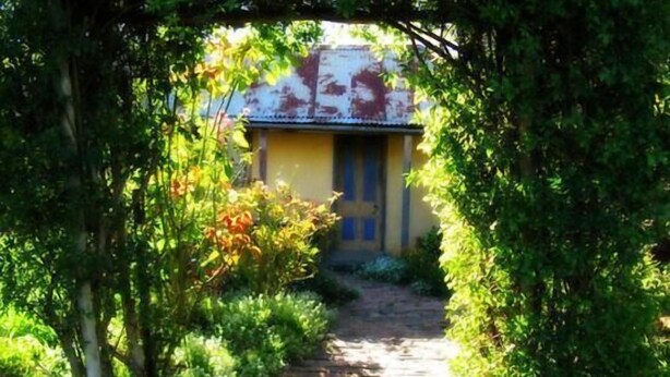 A pathway leading to a building with a yellow facade and blue doors, surrounded by lush greenery.