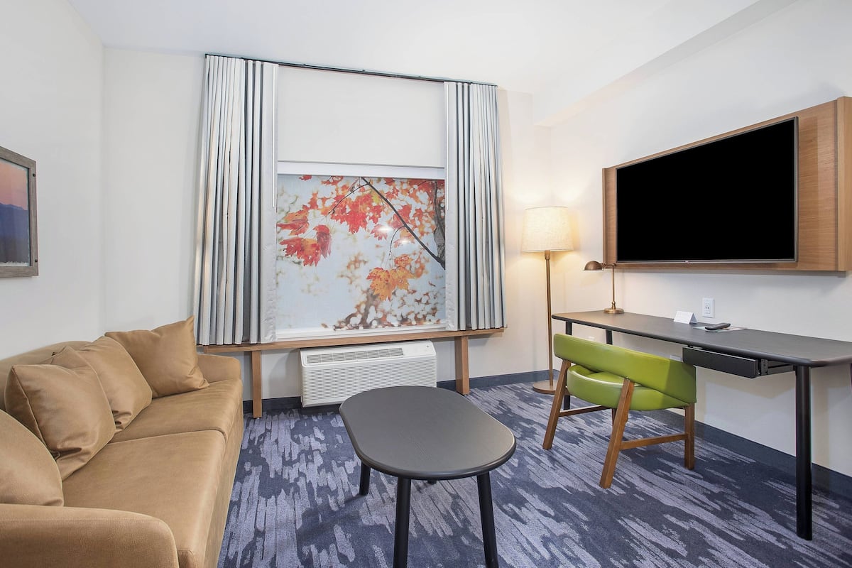 A hotel room with a sofa, a desk, a chair, a TV, and a large window with curtains.