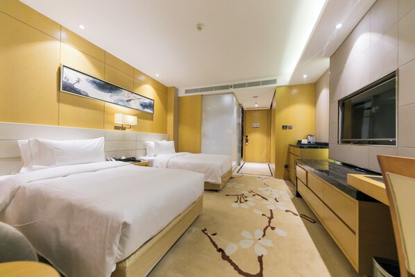 Minibar, desk, laptop workspace, blackout curtains