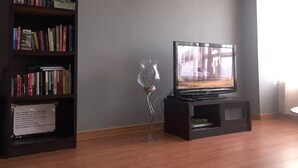Een woonkamer met een boekenkast, een televisie op een dressoir en een vaas.