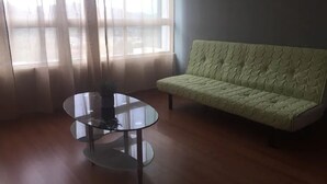 Een kamer met een groene bank, een glazen tafel en een groot raam met dunne gordijnen.