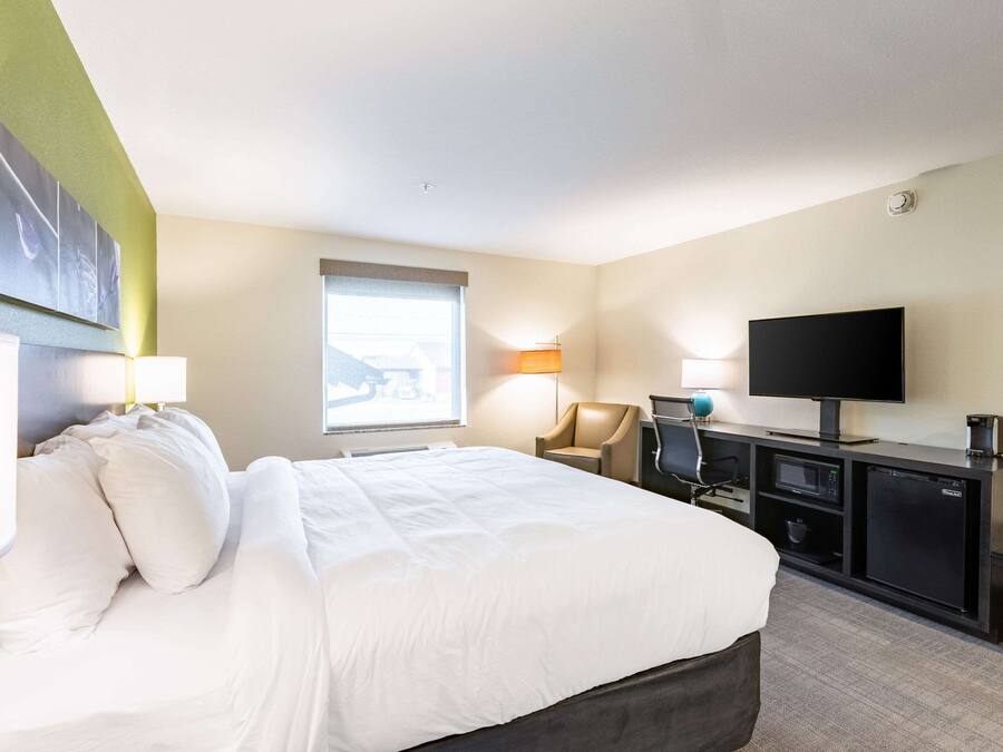 Habitación de hotel con una cama grande, un escritorio con televisor, una silla y una ventana con vistas.