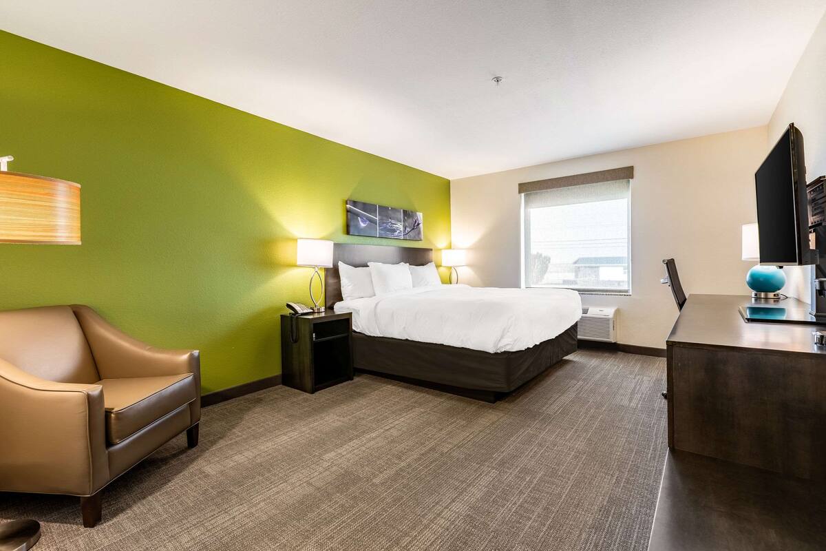 A hotel room with a bed, a desk, a chair, a nightstand, and a lamp.