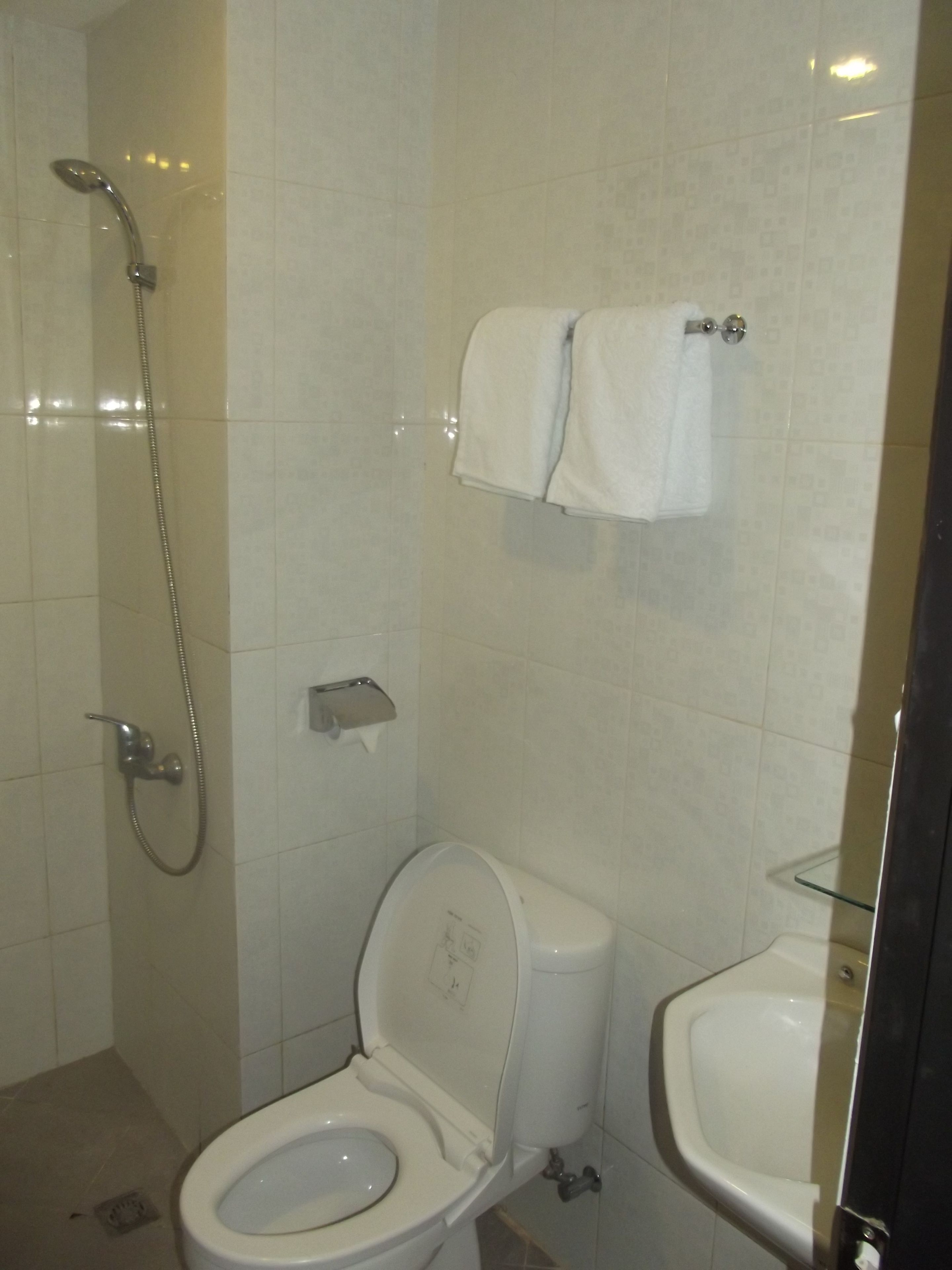 A bathroom with a shower, toilet, and sink.