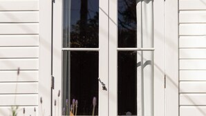 A white wooden door with a window, a small porch, and a plant in the foreground. - The Settlers Hut (Waiheke Island)