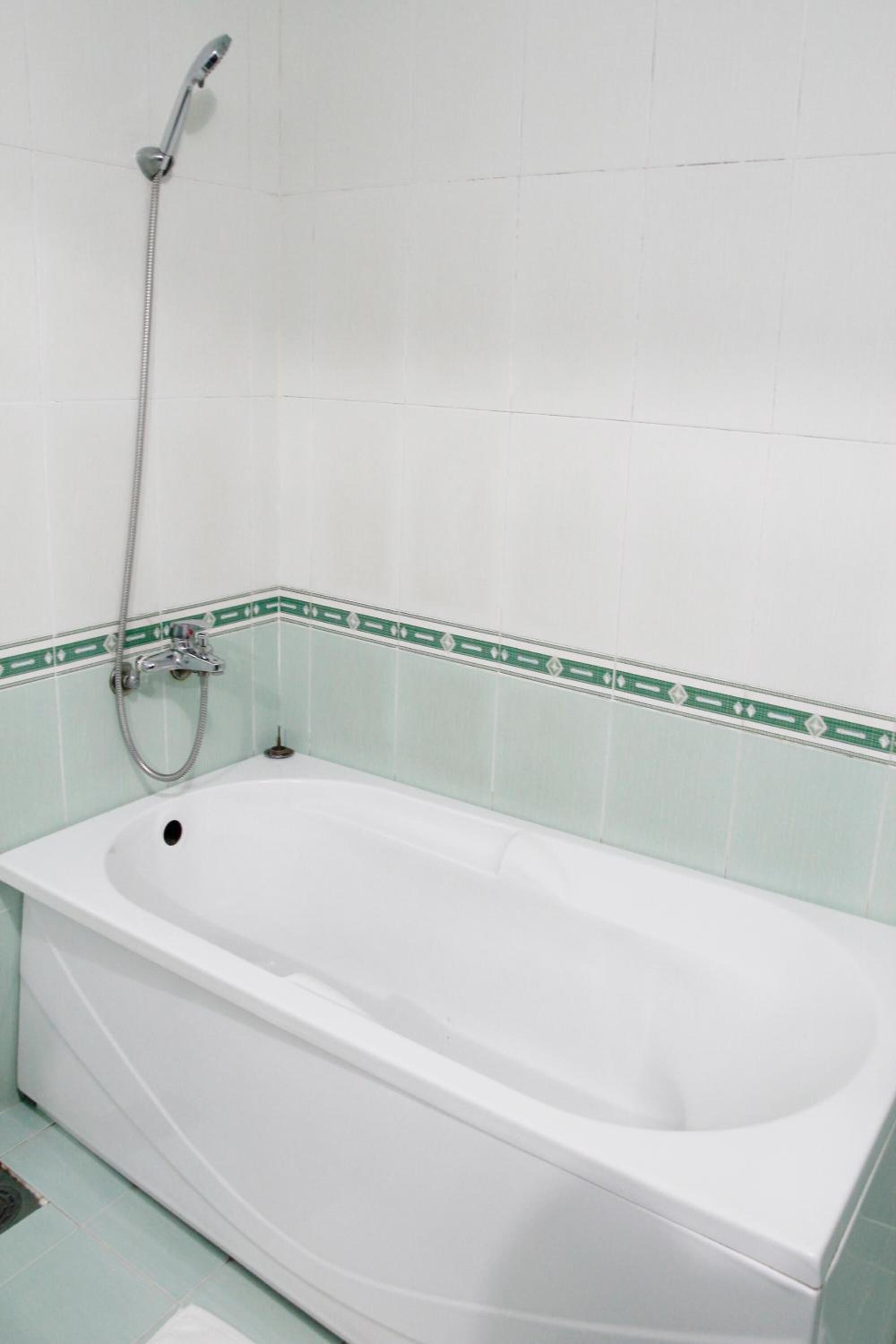 A standard white bathtub with a shower head and faucet, set against a wall with green and white tiles.