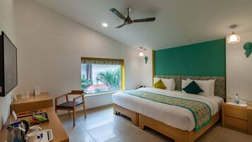 Desk, laptop workspace, blackout curtains, soundproofing