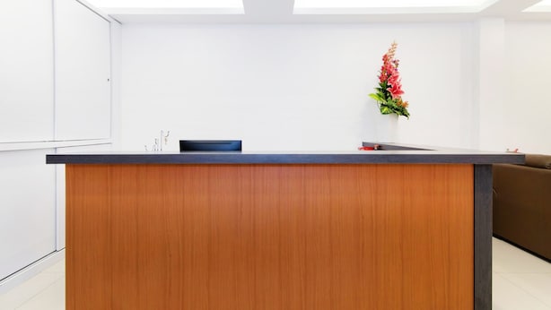 Un mostrador de recepción moderno con detalles de madera y una silla negra, una planta en maceta con flores rosas, y una pared blanca con iluminación empotrada en el techo.