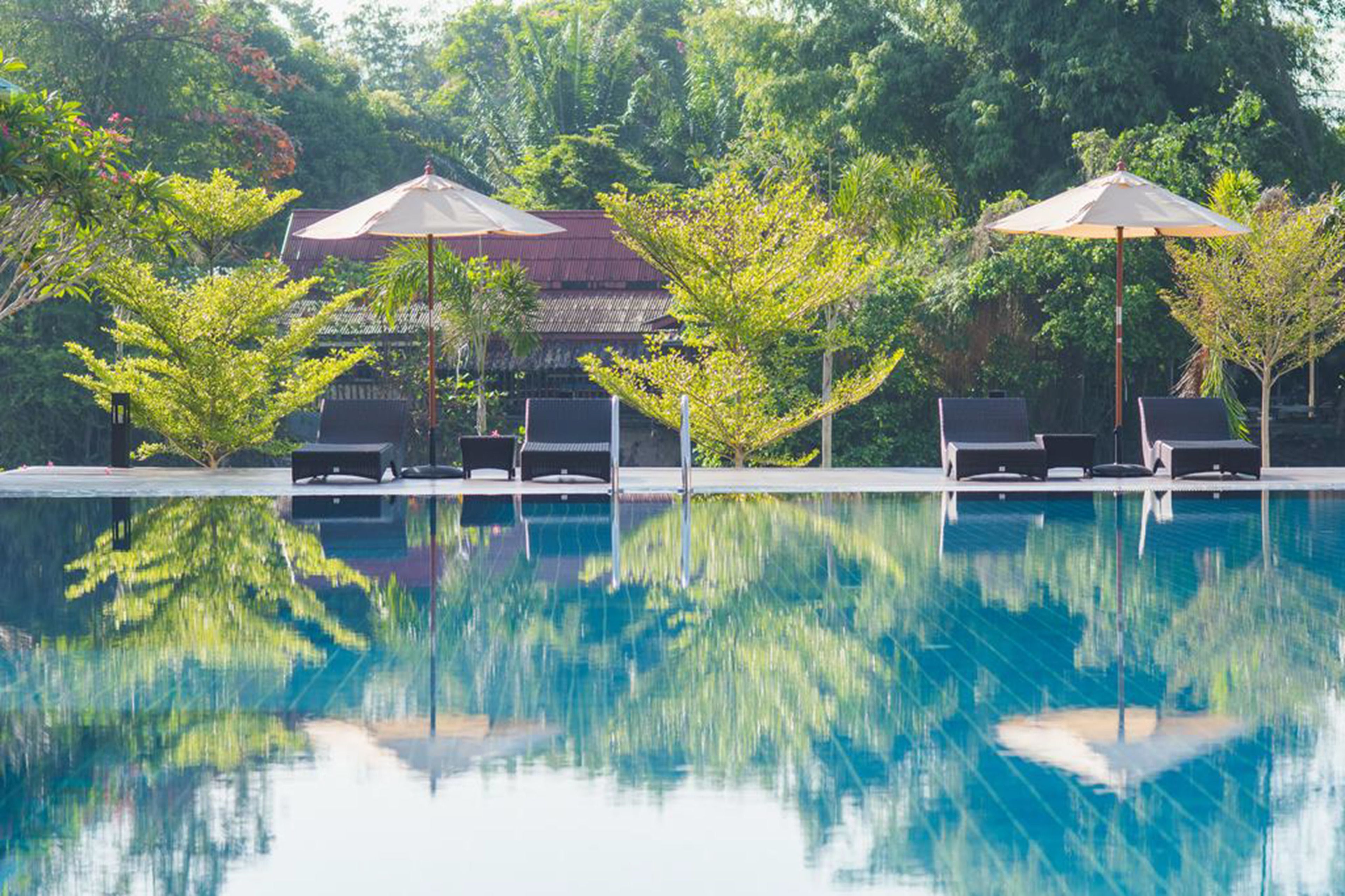 Un área de piscina tranquila con sillones reclinables y sombrillas, rodeada de vegetación exuberante y arquitectura tradicional.