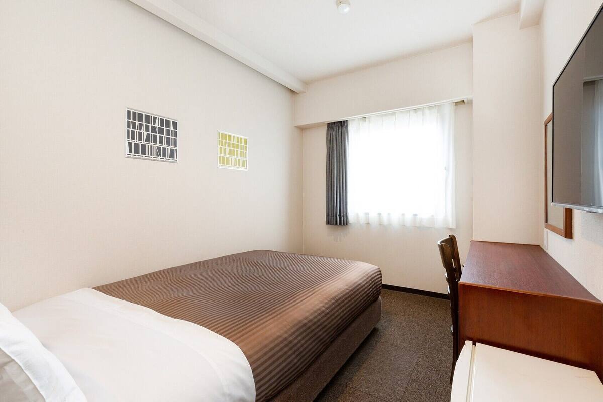 A hotel room with a bed, a desk, a chair, a TV, and two windows with curtains.