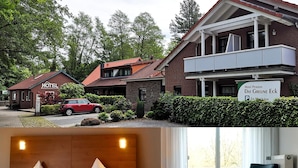 Exterior de un hotel con un coche rojo estacionado en frente, un letrero que dice 'Hotel Pension Dat Greune Eck', y un jardín bien cuidado.