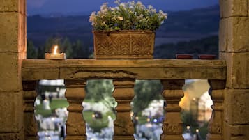 A stone balustrade with a potted plant and candles.