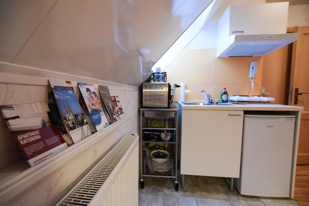 A compact kitchen with a built-in dishwasher, a small sink, and a metal rack with dishes.