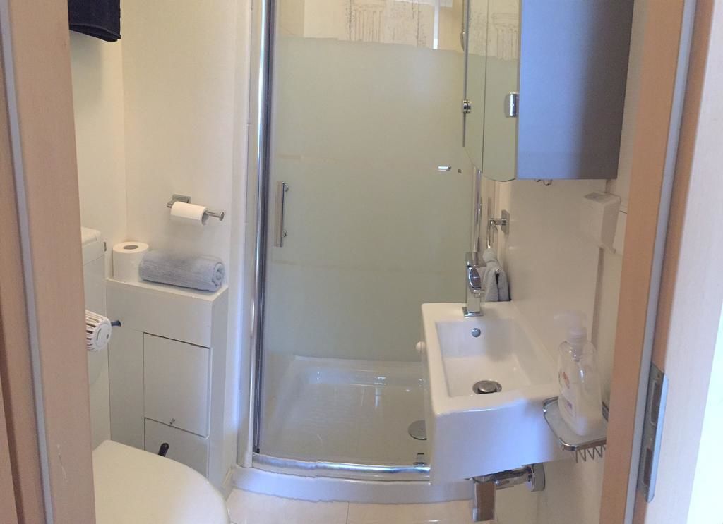 A bathroom with a glass-enclosed shower, a white sink, and a toilet.