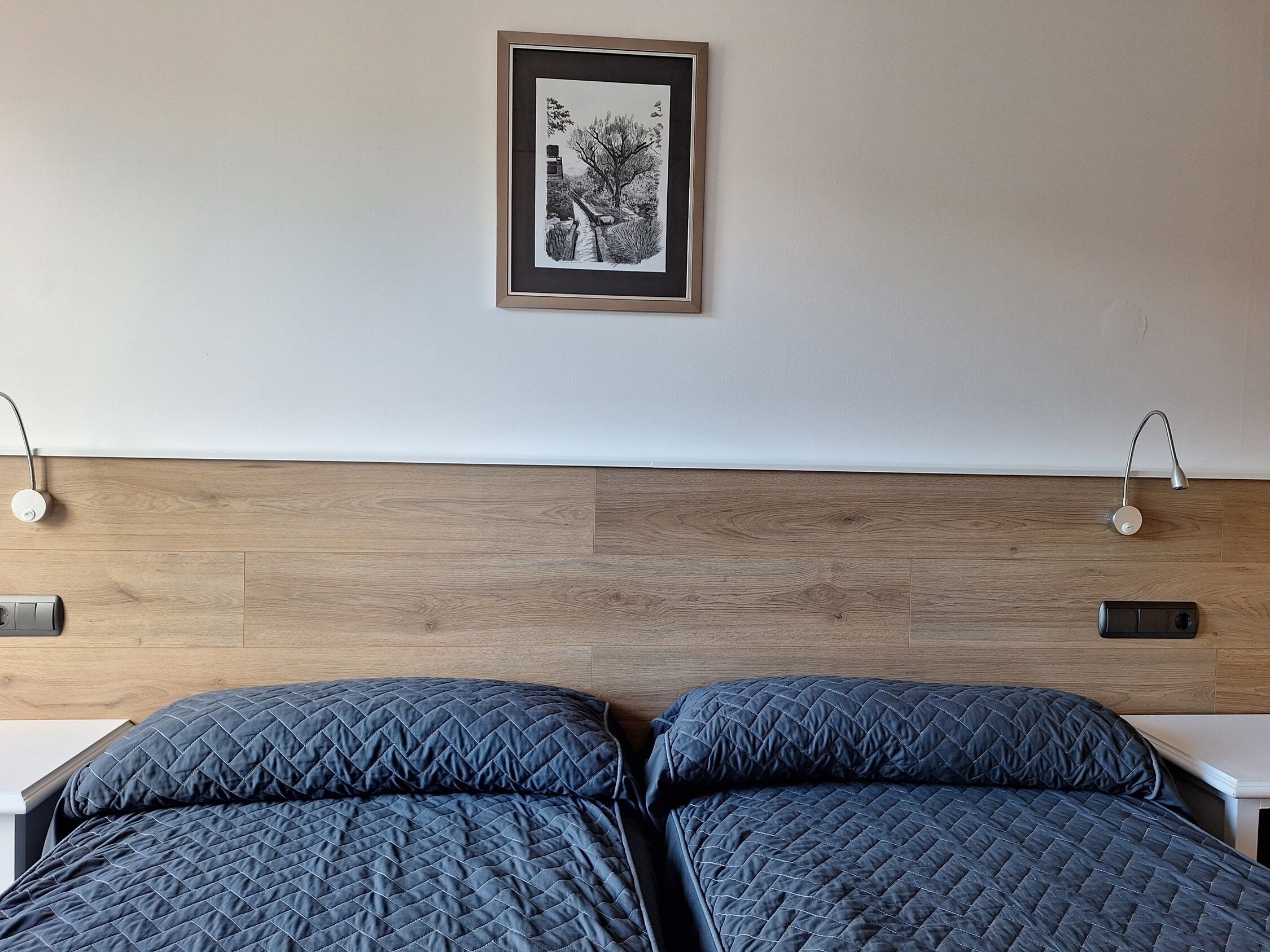 A bedroom with a wooden headboard, two beds with dark quilts, a framed picture on the wall, and bedside lamps.