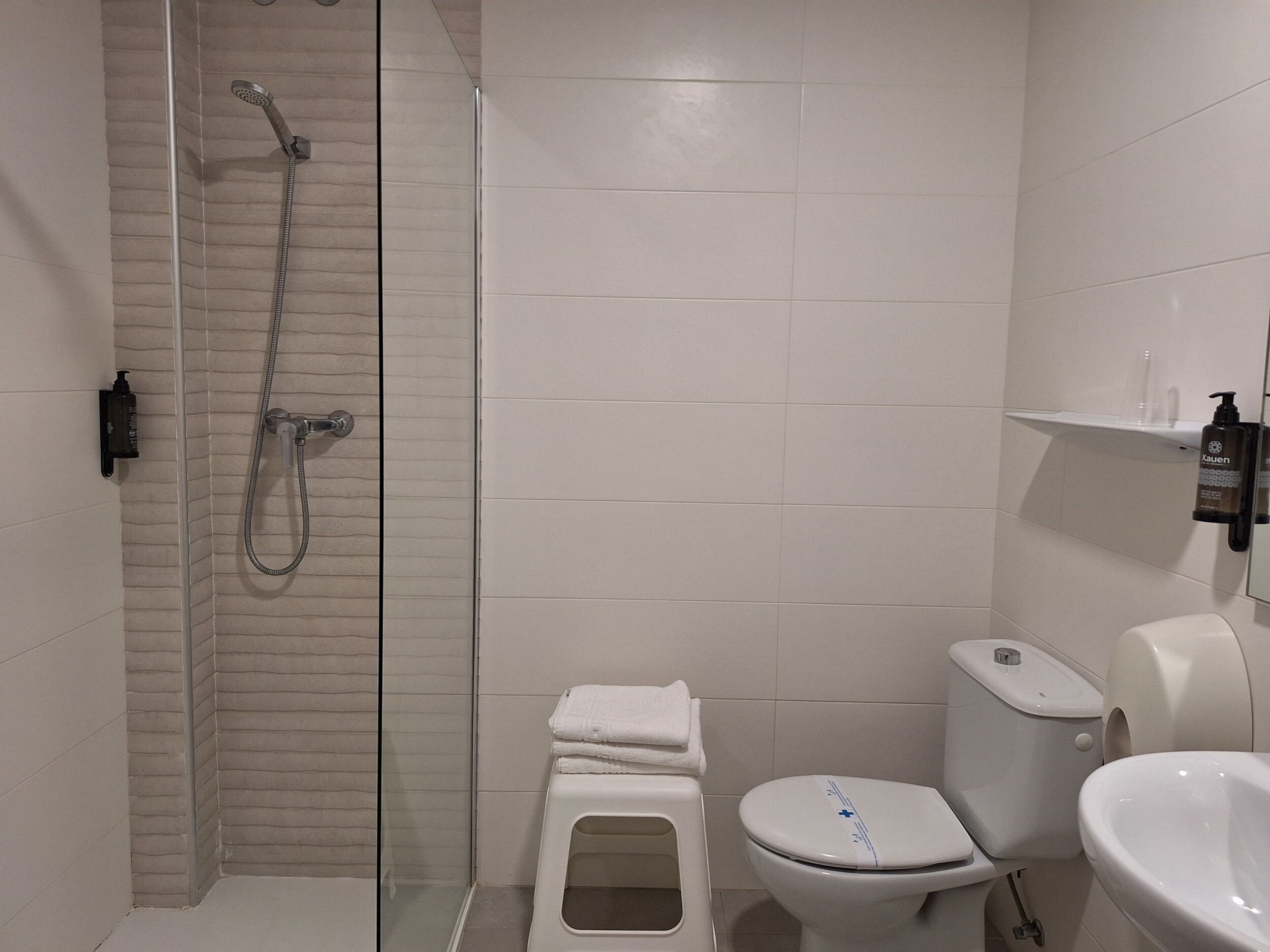 A modern bathroom with a glass-enclosed shower, a toilet, and a sink.