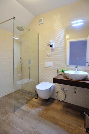 Douche, douche à « effet pluie », sèche-cheveux, chaussons