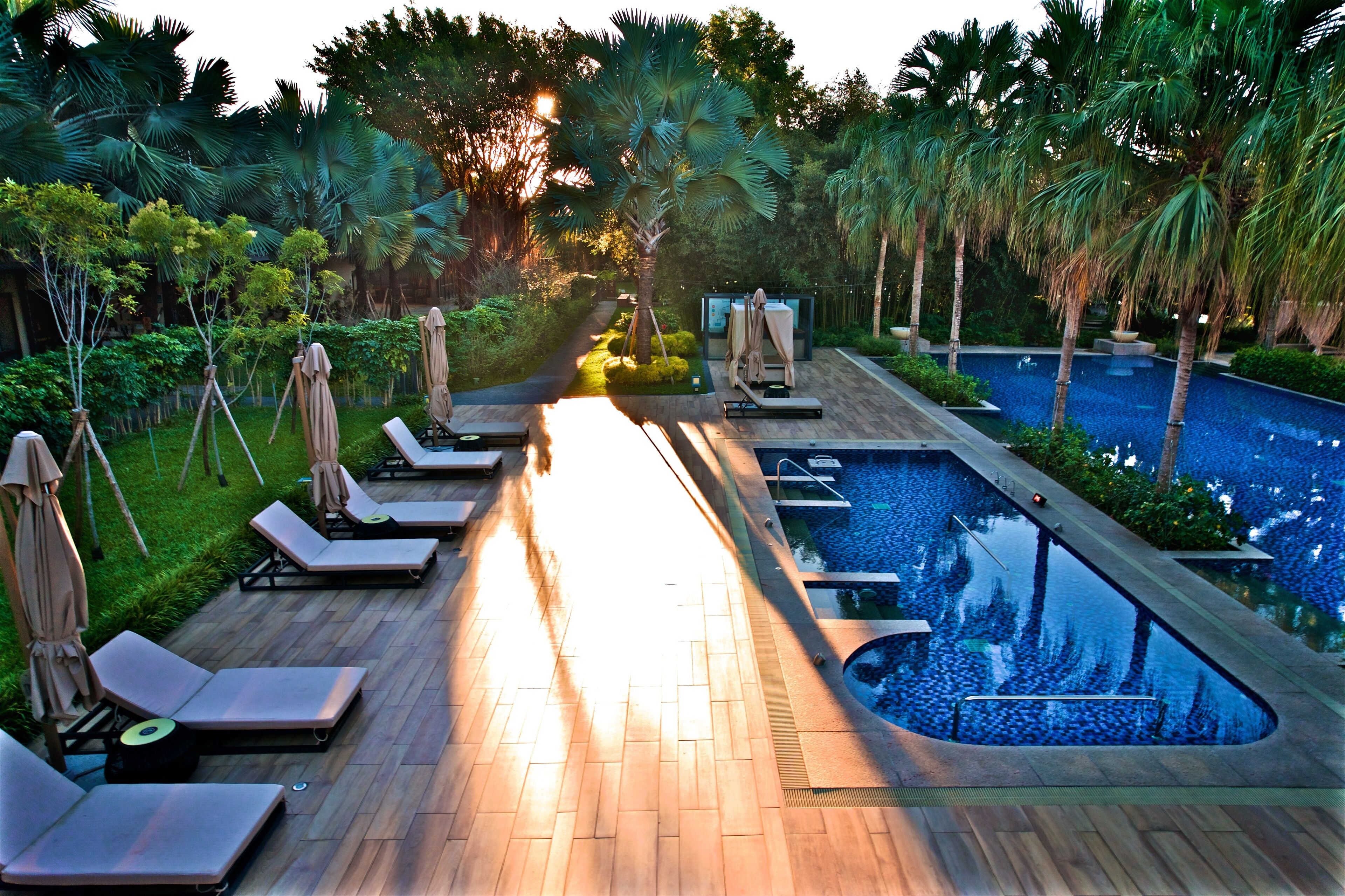 Zona de piscina con sillones de descanso y sombrillas, rodeada de exuberante vegetación y una piscina cristalina.