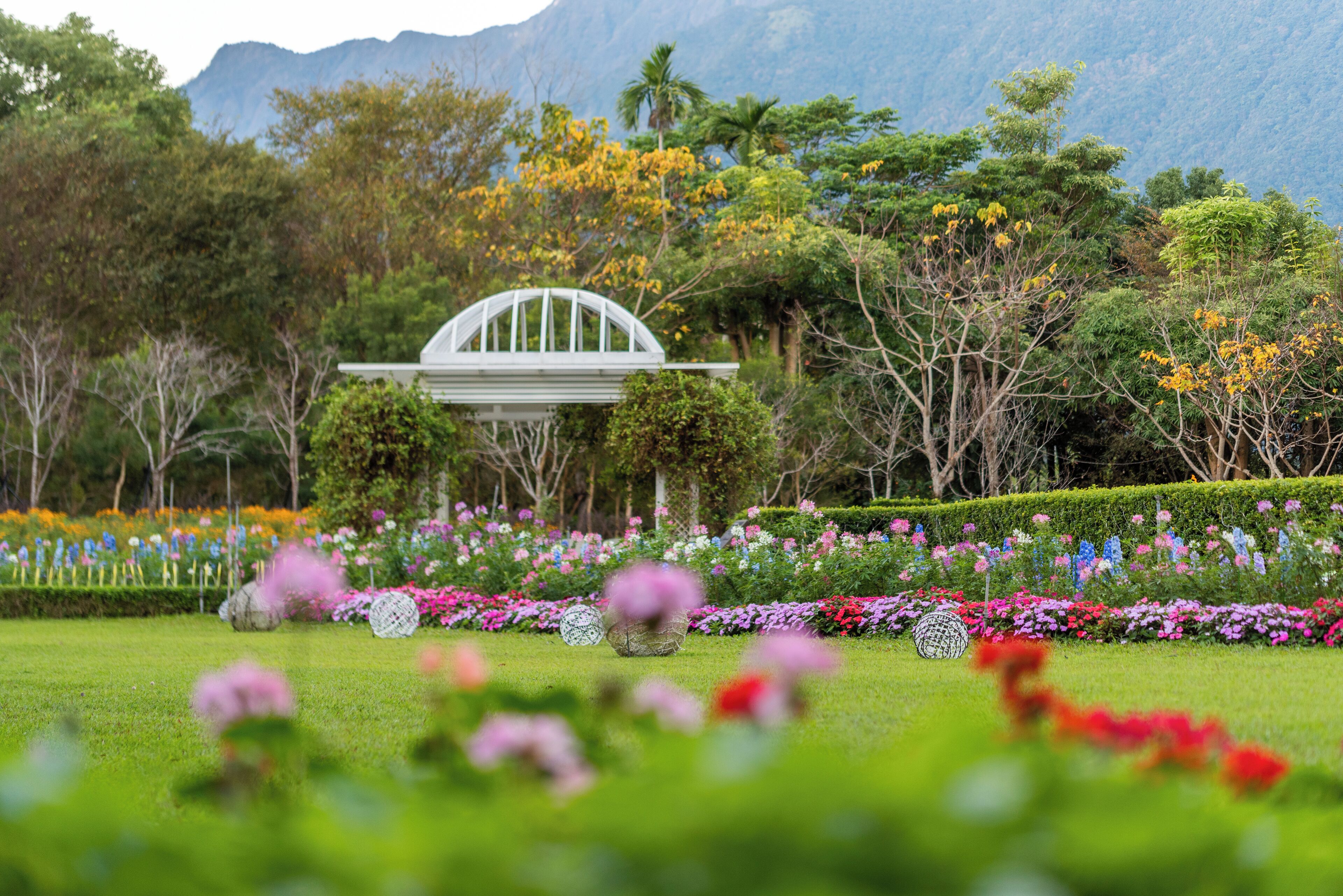 A garden with a white gazebo, various colorful flowers, and trees.