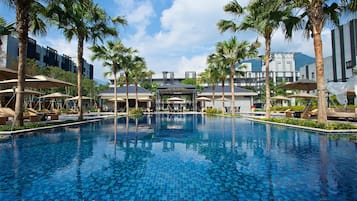 Outdoor pool, open 8:00 AM to 9:00 PM, pool umbrellas, pool loungers