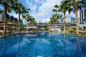Outdoor pool, open 8:00 AM to 9:00 PM, pool umbrellas, sun loungers