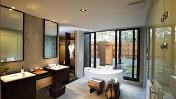 Elegant Chamomile Villa | Bathroom | Separate bathtub and shower, rainfall showerhead, designer toiletries