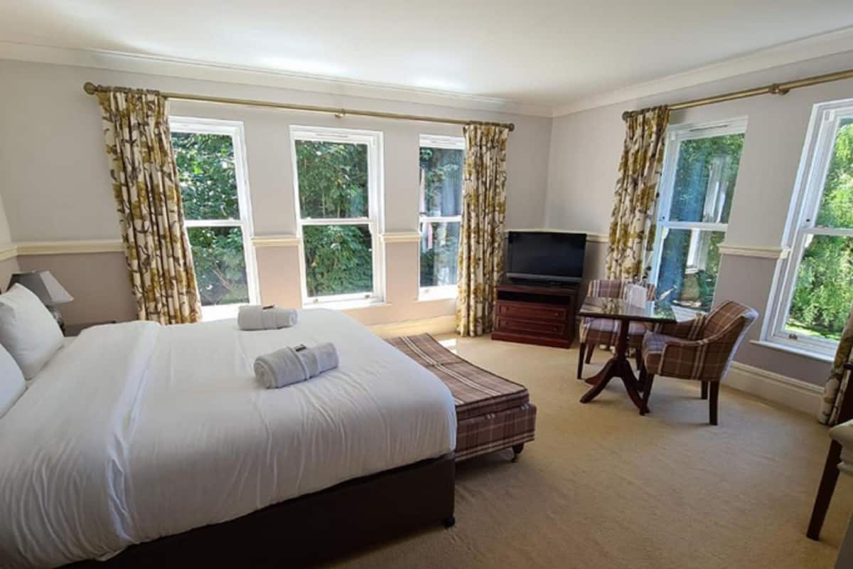 A spacious bedroom with a large bed, a television, a dining table with chairs, and large windows with curtains.