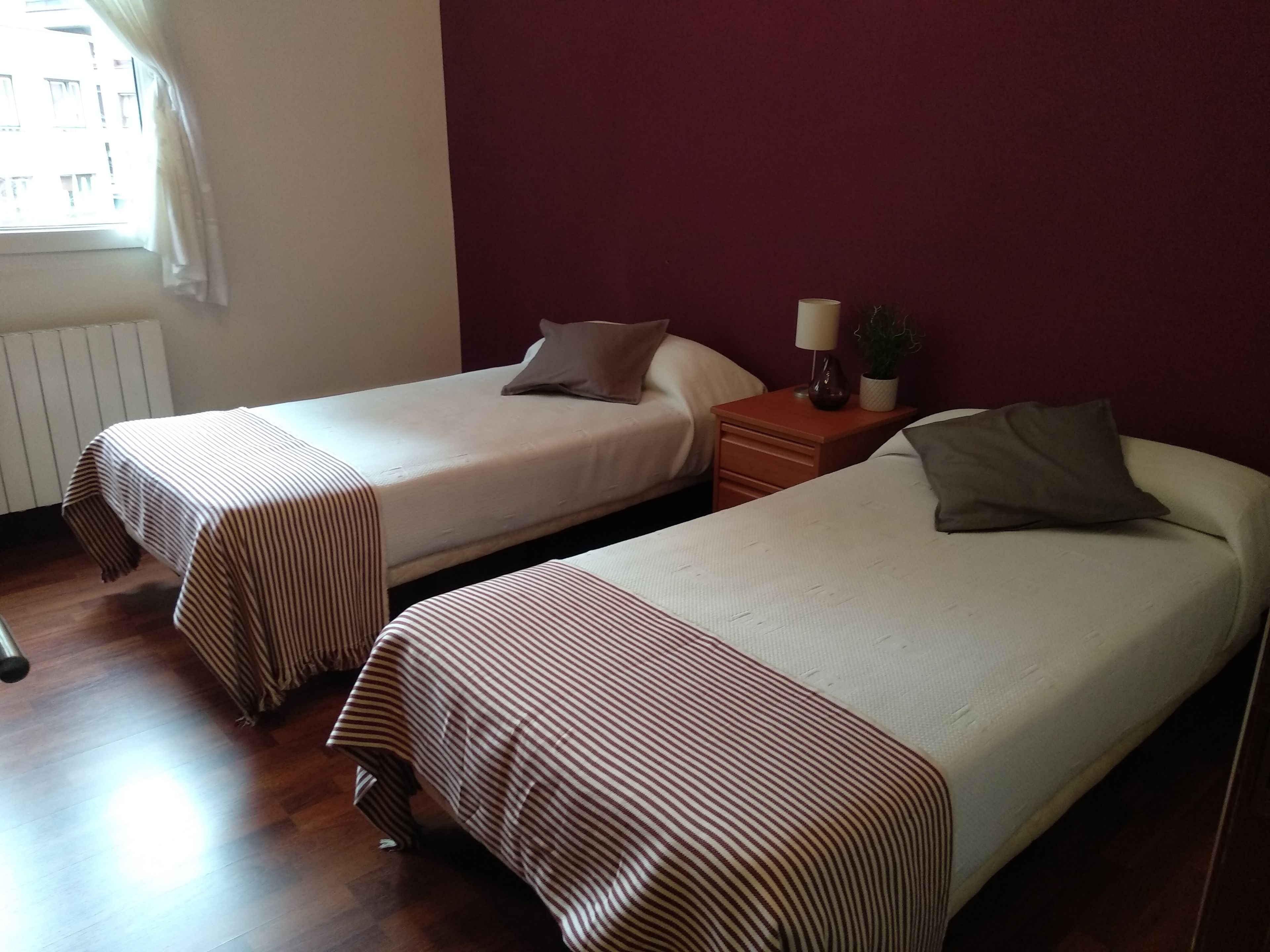 Two single beds with striped bedding, a nightstand with a lamp and a plant, and a window with curtains.