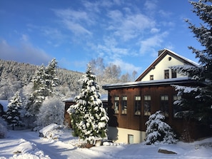 A wooden chalet with a sloped roof, surrounded by snow-covered trees and a mountain in the background. - Gasthof&Pension Brettmühle (Koenigswalde)