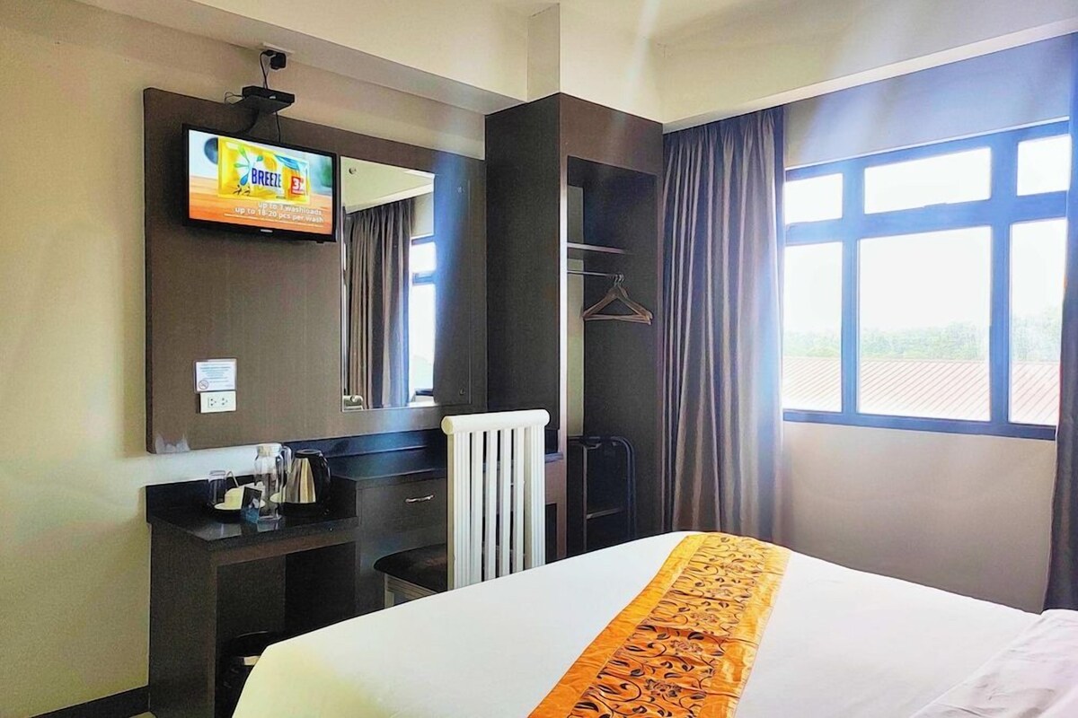 A hotel room with a bed, a desk with a mirror, a television, a window with curtains, and a radiator.