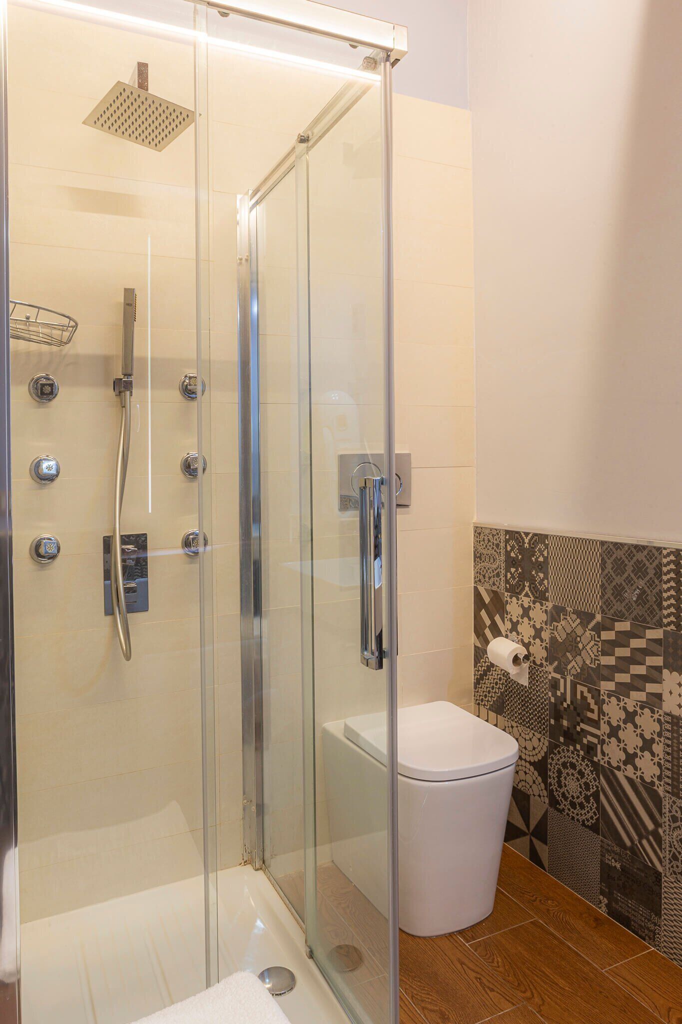 A glass-enclosed shower stall with a handheld showerhead, a toilet, and patterned tiles on the wall.