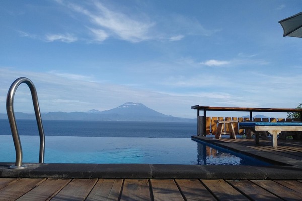 Outdoor pool, pool umbrellas, sun loungers