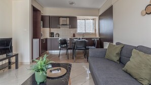 A modern living room with a grey sofa, a coffee table, and a TV. A kitchen area with dark cabinets and a window is visible in the background. - Elvita Apartments 2 (Athens)