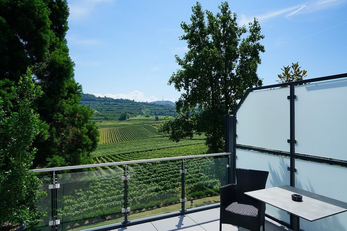 A balcony with a table and chair, overlooking a vineyard and a distant hill.