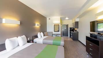 Desk, laptop workspace, free WiFi, bed sheets