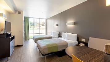 A hotel room with two beds, a desk, a chair, a TV, and a large window.
