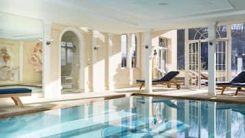 Indoor pool, seasonal outdoor pool, pool umbrellas, pool loungers