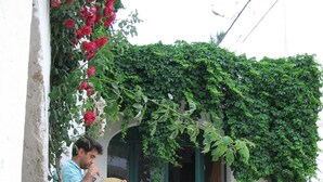 Un hombre sentado en un banco en un patio de aspecto rústico, rodeado de vegetación y un edificio de diseño tradicional.