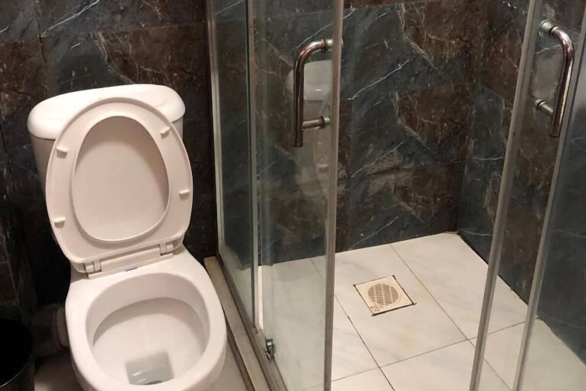 A bathroom with a toilet, a glass shower enclosure, and dark marble walls.