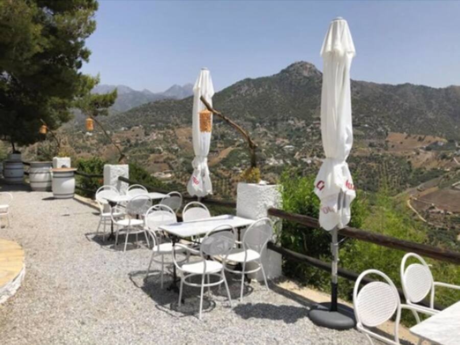 Un espacio al aire libre con mesas y sillas, sombrillas blancas y vistas al campo.
