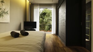 A modern bedroom with a large bed, a flat-screen TV, and a balcony with a view of greenery. - Amazing 5BR Seaview Private Pool Villa by Intira Villas (Rawai)