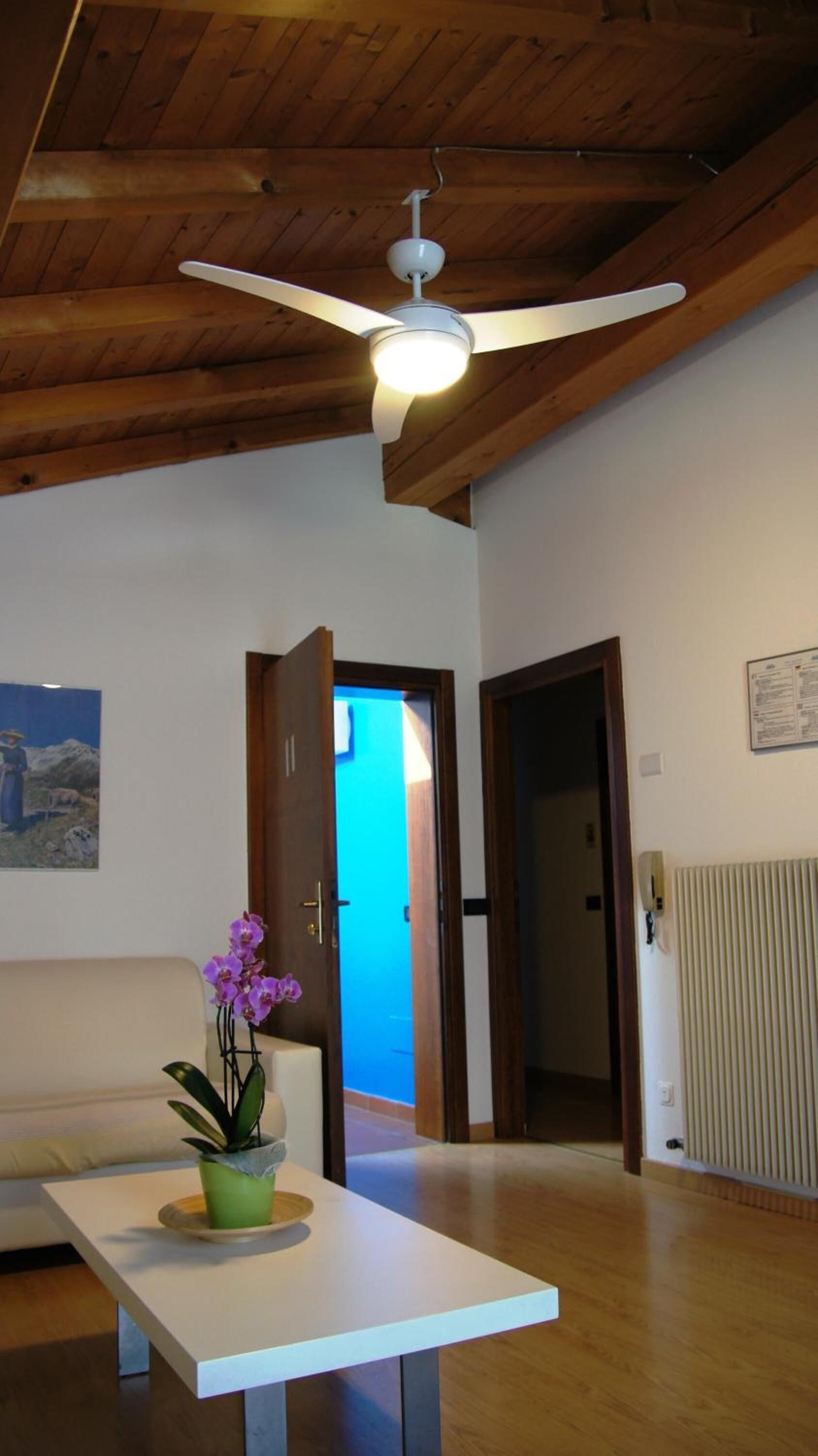 A room with a wooden ceiling, a white ceiling fan, a white table with a potted orchid, a beige sofa, and a door leading to a bright room.