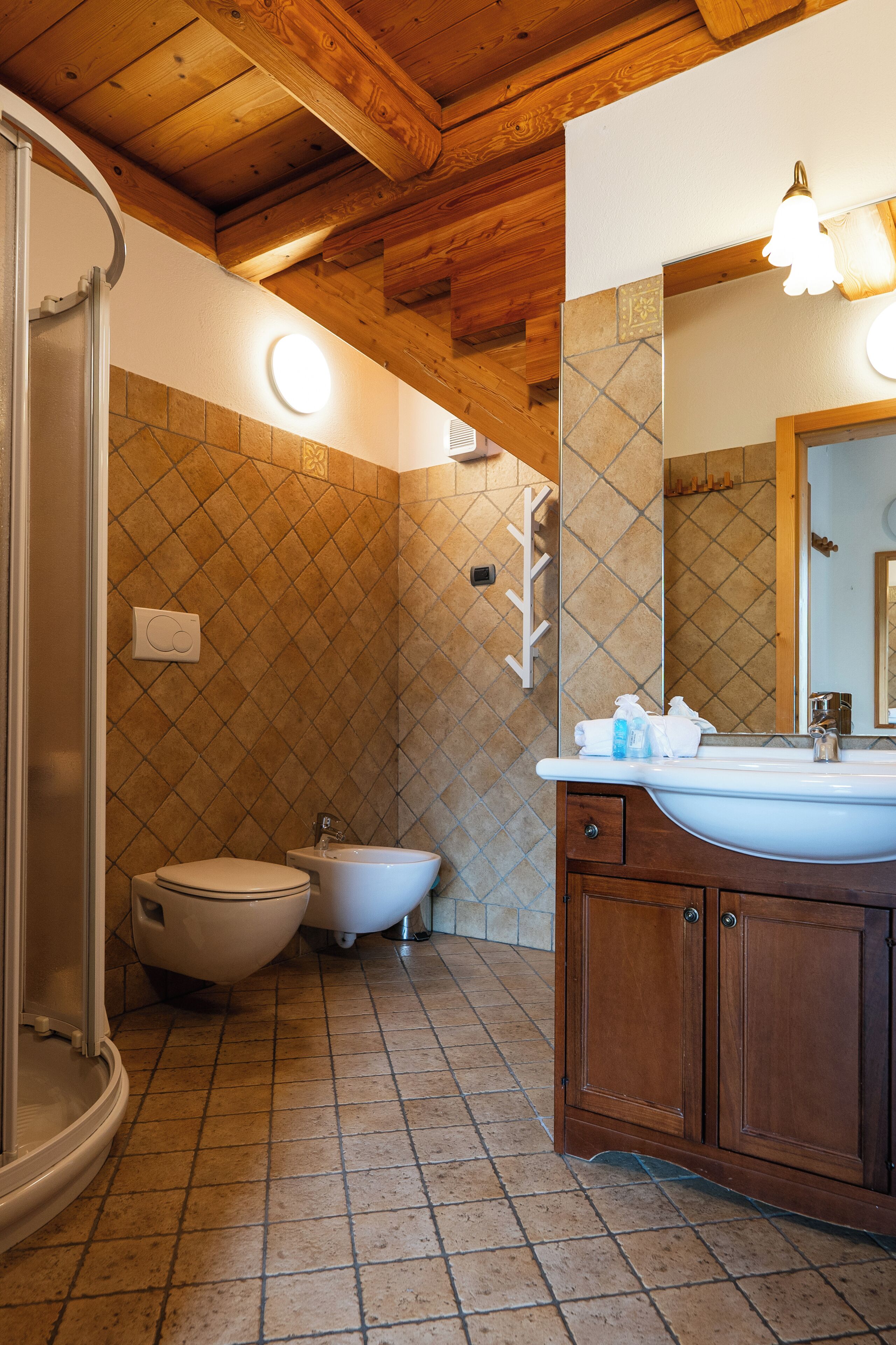 A bathroom with a wooden ceiling, a sink with a mirror, a toilet, and a bidet.