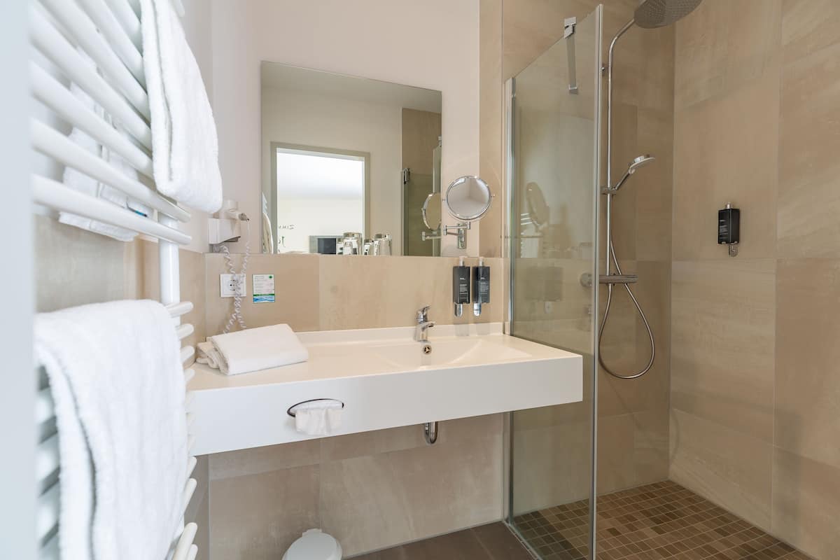 shower, rainfall showerhead, free toiletries, hair dryer