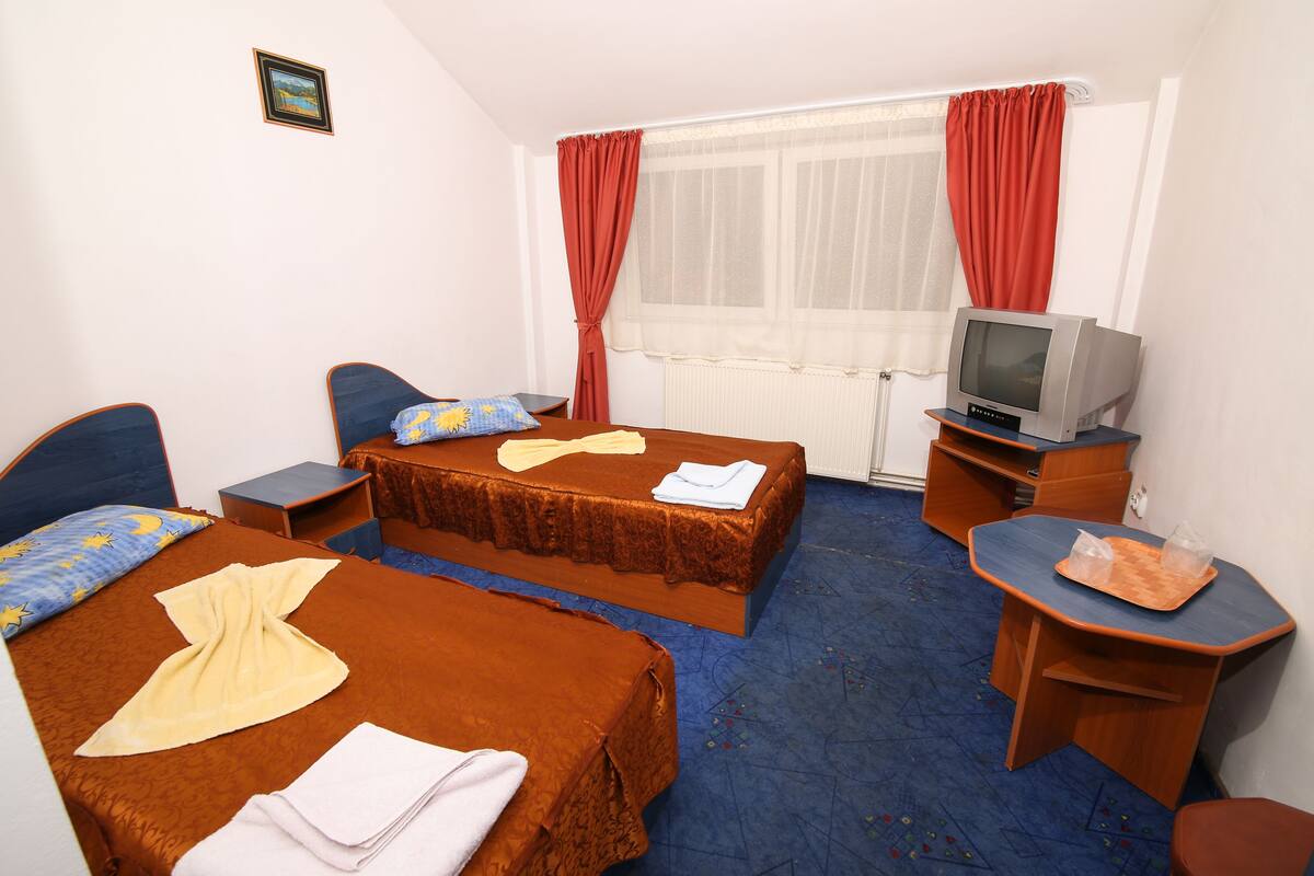 A hotel room with two beds, a television, a desk, and a chair.