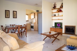 Family Villa, 3 Bedrooms, Mountain View | Living room | Plasma TV, fireplace, DVD player - Felia (Chania)