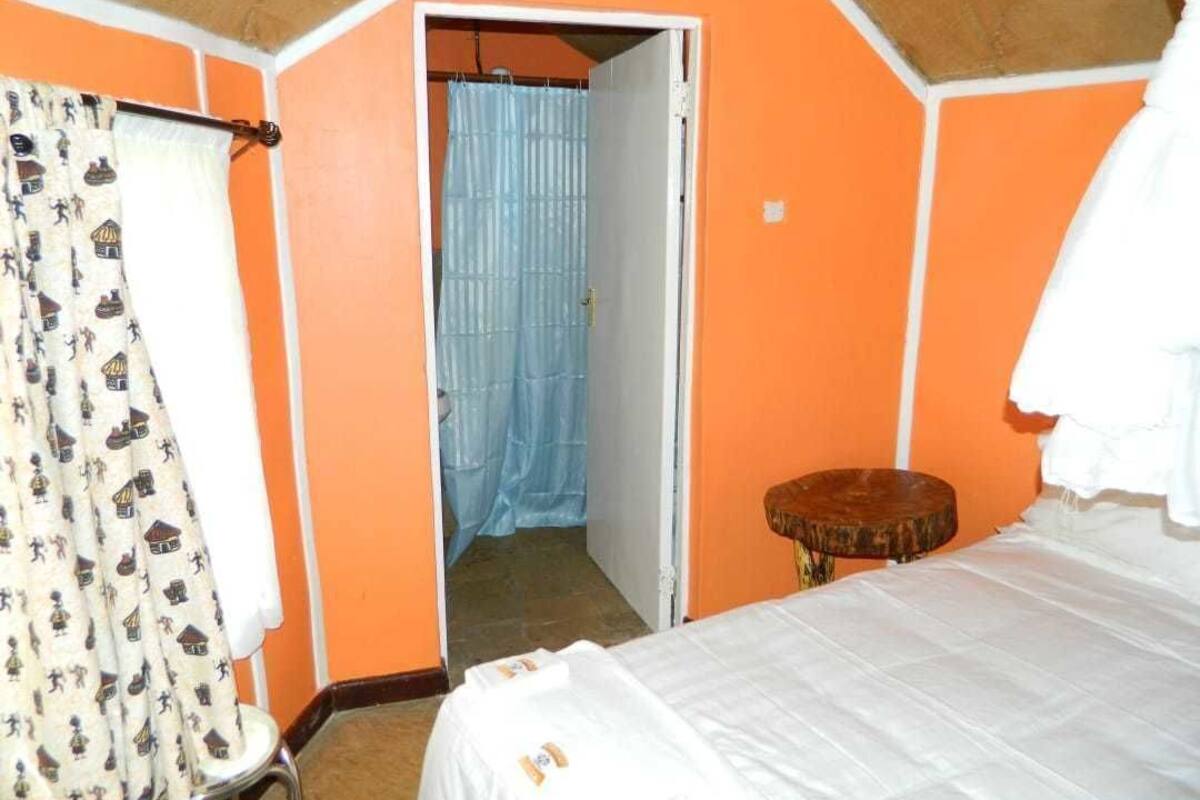A bedroom with an orange wall, a bed, a wooden stool, and a bathroom with a blue shower curtain.