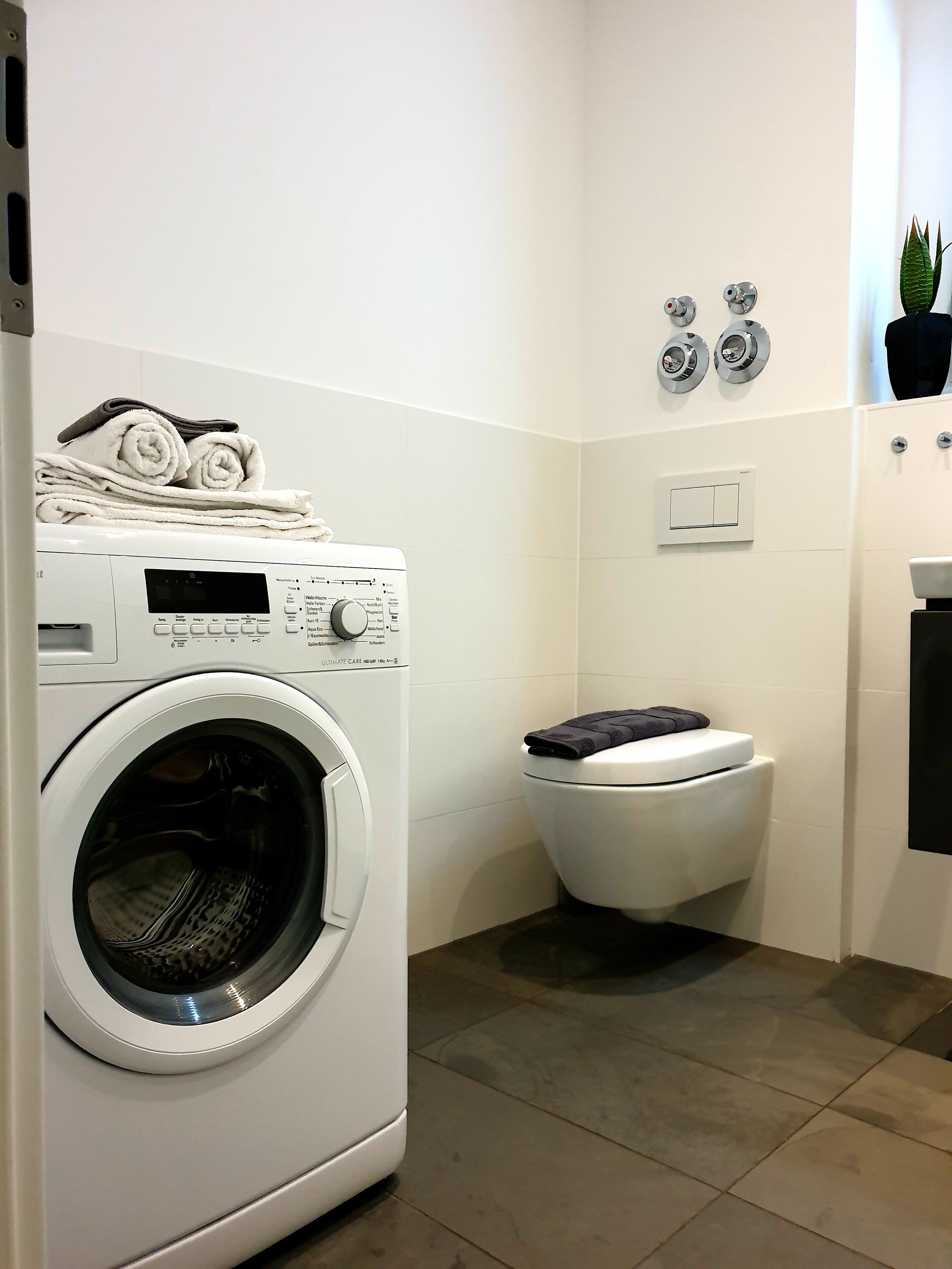 Une petite buanderie équipée d’un lave-linge à chargement frontal et de toilettes.